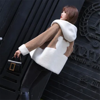 

Noble Real Fur Sheepskin Coats for Women Winter Fashion Wool Coat Female Warm Outwear Patchwork Sheep Shearing Jacket With Hood