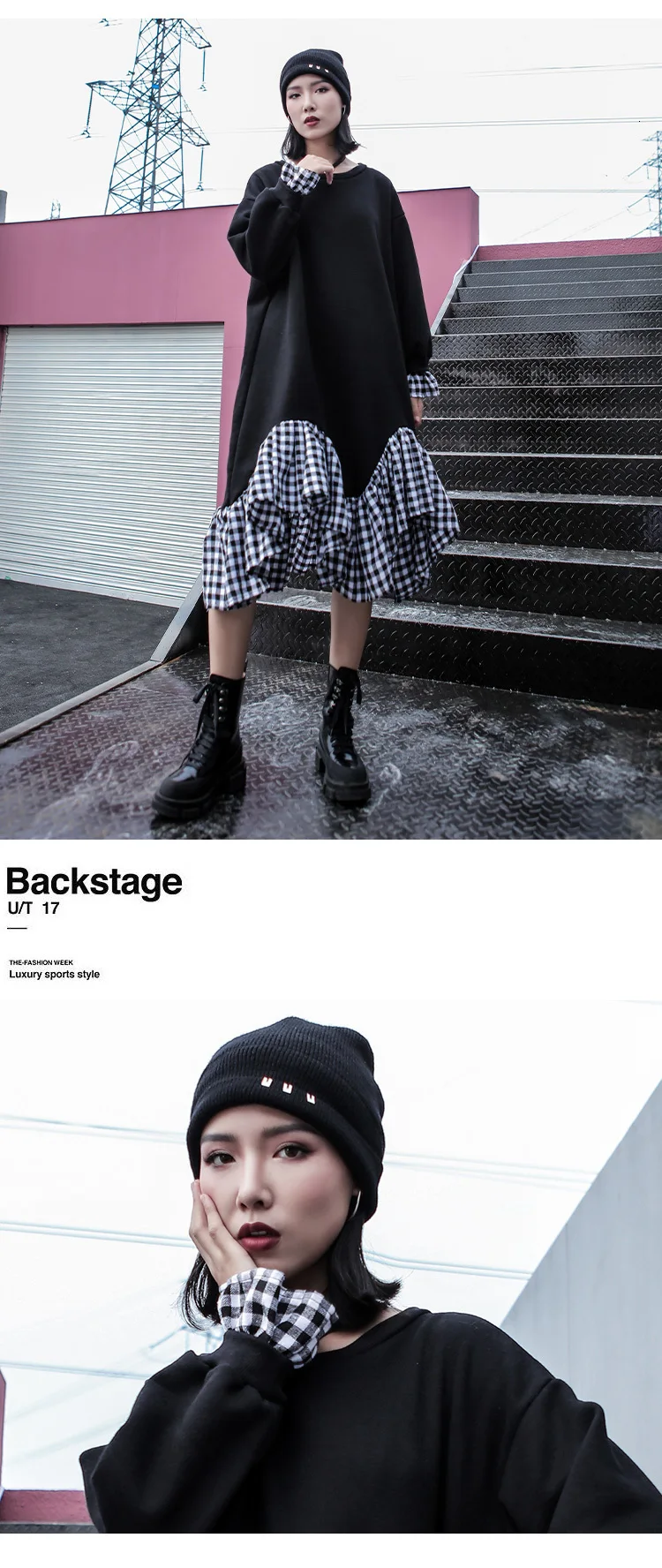 Vefadisa Plaid Patchwork Sweatshirt Dress Woman Winter Ruffle Sweatshirt Dress Black Pullovers Sweatshirt Dress QYF1182