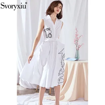 

Svoryxiu Fashion Designer Summer Cotton White Dress Women's Cartoon Pattern Embroidery Sleeveless Shirt Dress Vestdios