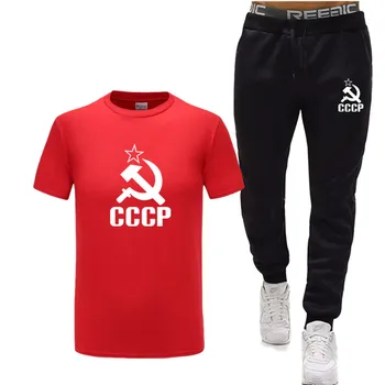 

2020 New Sportsuit and Tee Shirt Set Mens T Shirt Sweatpants Pants Sets Men CCCP Russian Tracksuit Moscow Russia Brand Tops Suit