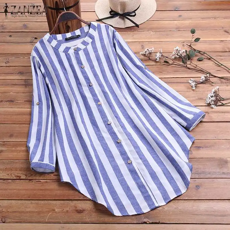 

Oversized Women's Stripe Blouse 2020 ZANZEA Spring Causal Shirts Button Down Blusas Elegant Female Long Sleeve Asymmetrical Tops
