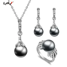 LEEKER, винтажный свадебный ювелирный набор с искусственным жемчугом, серебряное ожерелье, серьги, кольцо, набор для женщин, вечеринка, выпускной, 252, LK1