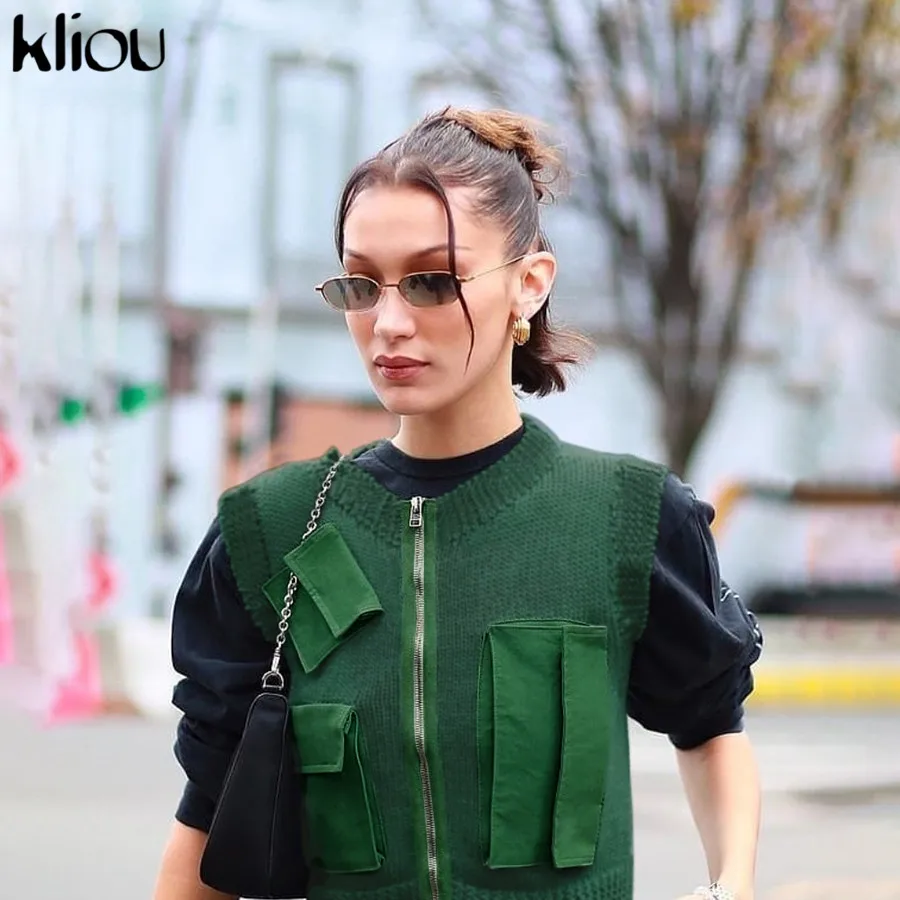 Kliou зеленый высококачественный приталенный мягкий короткий жилет модный большой карман повседневный уличный жилет без рукавов женский жилет