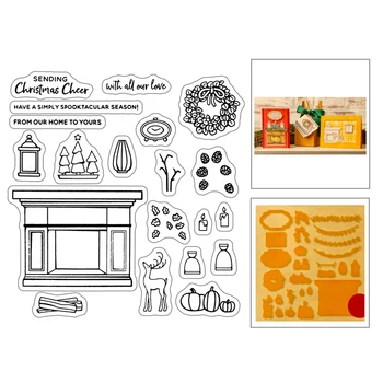 

2020 New Christmas Decoration Fireplace Sentiment Word Clear Stamps and Deer Cutting Dies For Scrapbooking Greeting Card Making