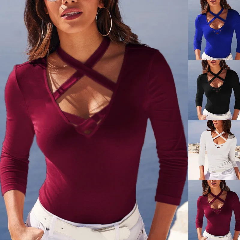 

2019 Spring Fashion Tshirts Women Casual Solid Color Tops Fashion V-Neck Hollow Out Tee Ladies Long Sleeve Shirts Mujer