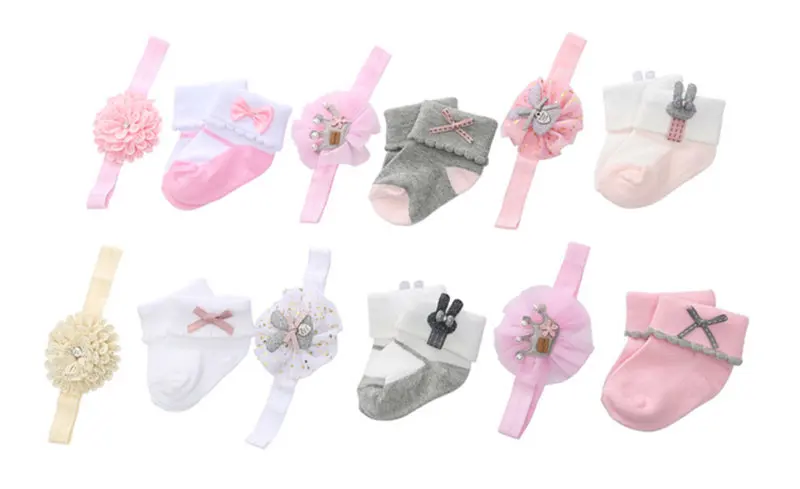 Kid's Socks For Newborns Baby Girl Socks Hair Band Set Cotton Bebe Toddler Socks+ Bow Headband Lace Infant Birthday Gift 0-12M