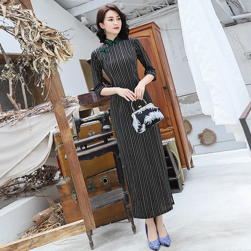 Сексуальное женское длинное платье Cheongsam, весеннее винтажное платье в китайском стиле, модное велюровое платье Qipao, тонкое вечернее платье на пуговицах, Vestido M-XXXL - Цвет: 3515