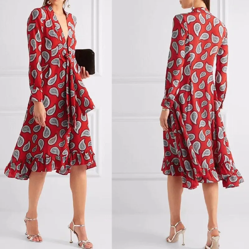 

Spring New Products Western Style Paisley Pattern Casual Slimming Long Sleeve Neckline Lace-up Women's Medium-length Dress
