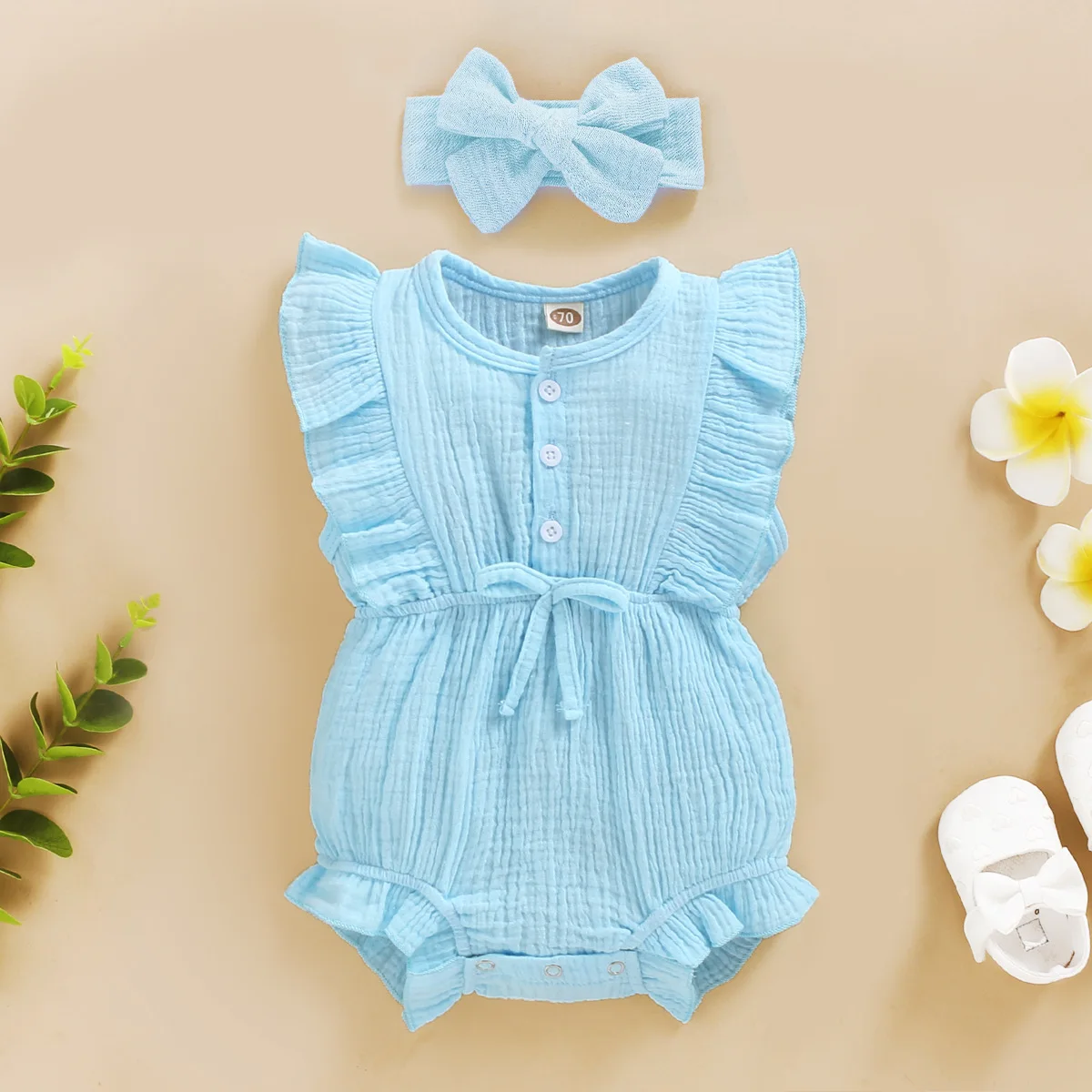Sommer Baby Mädchen Romper + Stirnband Baumwolle Leinen Rüschen Ärmel Infant Neugeborene Kleidung
