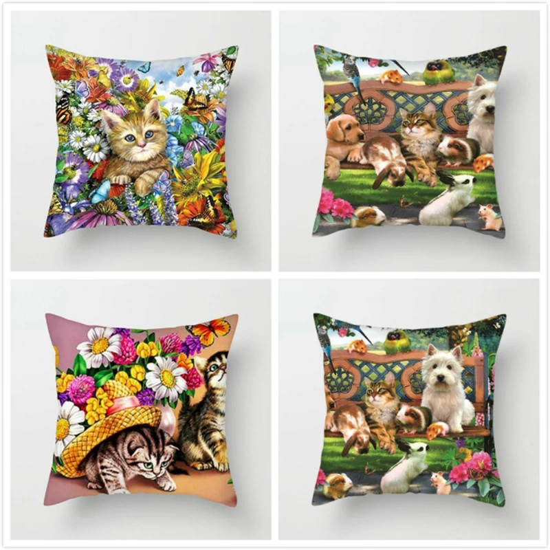 

Fuwatacchi Cute Cats Dogs Cushion Cover Pets Playing in Flower Pillow Cover for Home Sofa Chair Decorative Pillows Case 45*45cm