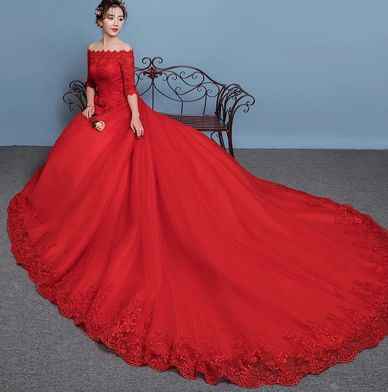 Vestido De Noiva/новое белое/Красное Кружевное платье принцессы для свадебной вечеринки, длинное свадебное платье с длинным шлейфом и открытыми плечами, robe de mariage
