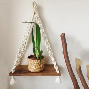 

Wooden Double-layer Macrame Wall Hanging Shelf Partition Frame Decoracion Hogar Basket Plant Holder Flower Basket Boho Decor