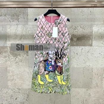 

Elegant Clothing dresses Cartoon Abstract Joint Series Funny Little Bunnies with Cat Print Floral Daisy women mini party dress