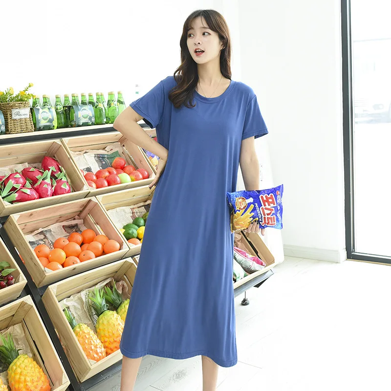 

2019 Summer Modal Long Short-sleeve Dress Korean-style Casual Crew Neck Long Skirts Loose And Plus-sized One-step Skirt