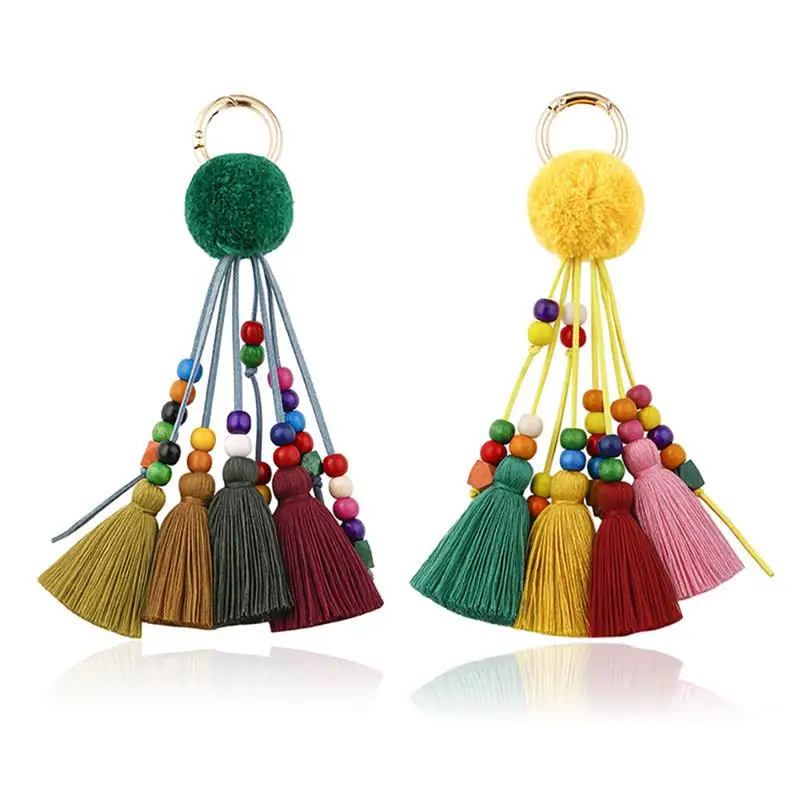 Брелок для ключей с кисточкой помпон декоративный модный креативный кулон сумка Шарм твердый деревянный бисер брелок для ключей