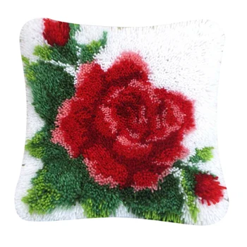 

15.7x15.7 Inch Red Flower Pattern Latch Hook Kits Pillow Case Making Crafts for Kids Adults Craft