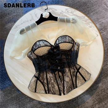 

2020 Summer Sexy Blouse for Women New Western Style Blouse Temperament Perspective Organza Splicing Bowknot Lace Chiffon Shirt