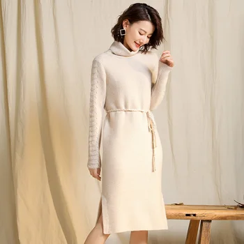 

ATTYYWS 2019 Women's Long Slim High Neck 100% Cashmere Dress for Autumn and Winter Fashion quality women's pullover Lace dress