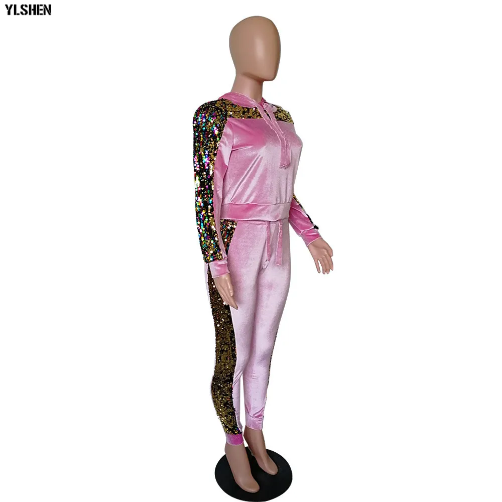 2 Two Piece Set Velvet Tracksuit Women Sexy Sequins Jogging Femme Plus Size Long Sleeve Tops +Pants Sweat Suits Matching Sets 29