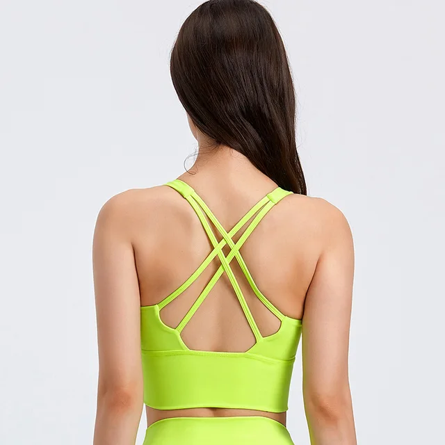 Lulu High Quality Fitness Bra Women Gym Tank Top Butter Soft  Cross Back Yoga Vest Athletic High Impact Brassiere With Chest Pad Fluorescent Yellow