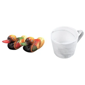 

1Pcs Marble Ceramic Mugs Couple Morning Mug & 2Pcs Wooden Mandarin Duck Model Decor Ornament