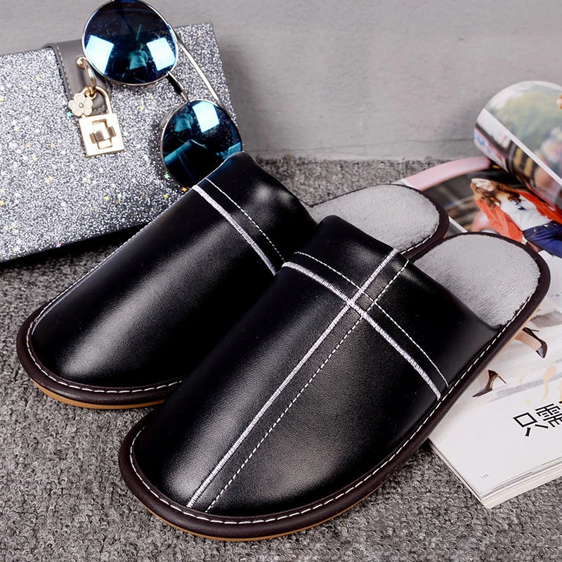 

Leather Slippers men Indoor slippers short plush unisex Non-slip House Shoes Slides Soft Soles Home Slippers Slip On Comfortable