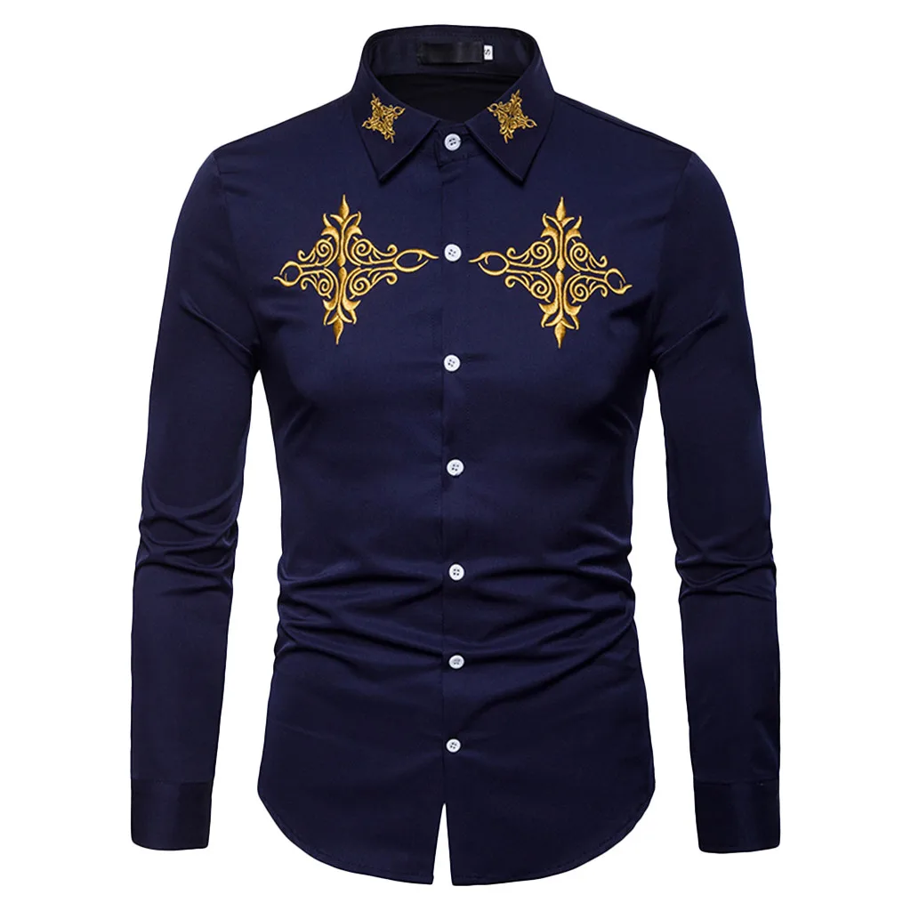 NAVY Vogue Мужская Осенняя зимняя Роскошная Повседневная рубашка с золотой вышивкой и длинным рукавом, топ, блузка - Цвет: NAVY
