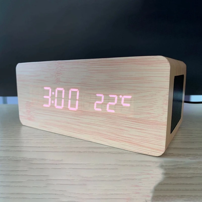 Бамбуковый Деревянный Будильник с bluetooth-динамиком, голосовое управление, светодиодный, цифровые часы, Беспроводная зарядка, телефон, деревянный температурный стол