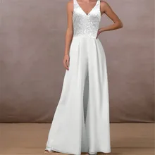 

Jumpsuit Spring And Autumn New Fashion New Jumpsuit Lace Chiffon V-neck Mid-waist White Trousers Wide-leg Pants Evening Women