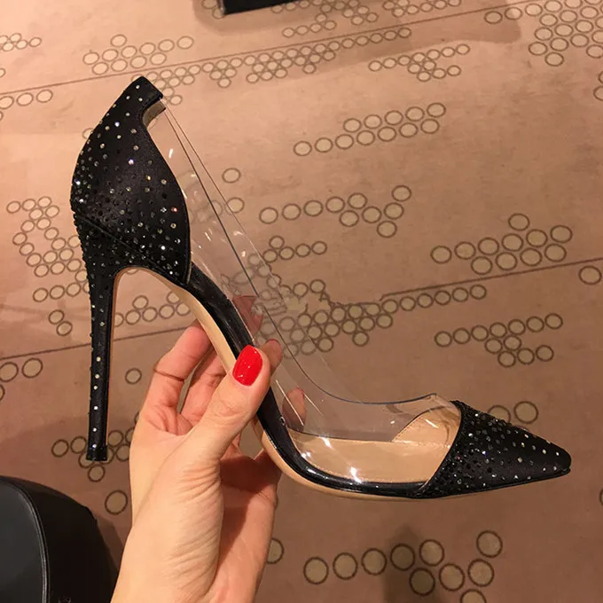 

Black Transparent Sharp High-heeled Shoes Down Sexy Rhinestone Fine With Shallow Mouth Women's Singles Shoe