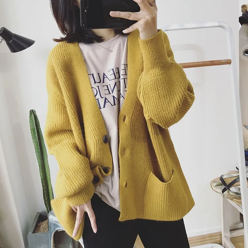 2019 Women Cardigans Sweater V neck Solid Loose Knitwear Single Breasted Casual Knit Cardigan Outwear Winter Jacket Coat |