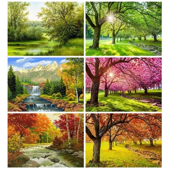 

Huacan 5d Diamond Painting Full Drill Scenery Mosaic Tree Farmhouse Home Decor Embroidery Four Seasons Handmade Gift