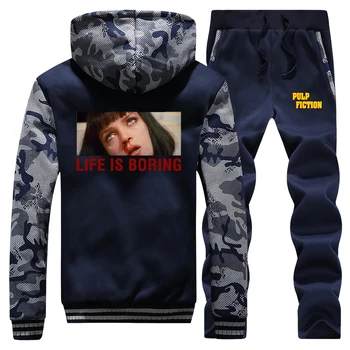 

Men Fleece pulp fiction print Warm Zipper Jackets+Pants Sets Clothing Winter Thick Men Sports Suits Tracksuit hooded Hoodies top
