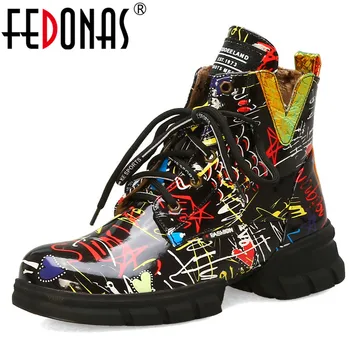 

FEDONAS Women Graffiti Leather Ankle Boots Winter Warm Female Sports Casual Shoes Woman Big Size Platform Boots New Sneakers