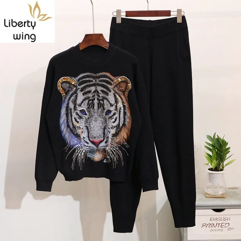 

Top Quality Womens Autumn Winter Kintting 2Pcs Sets Animal Embroidered Flares Sequins Pullover Sweatshirts Elastic Waist Pants