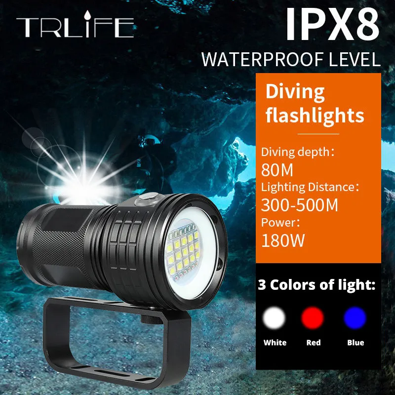 

IPX8 New Diving Flashlight 18650 Torch Underwater Photography Dive Light Video Lamp White Red Blue LED Scuba Photo Fill lighting