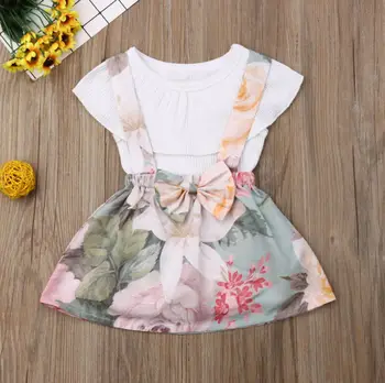 

CANIS Toddler Kids Baby Girl Infant Clothes Bowknot Tops Bowknot Floral Printed Short Skirt Outfits Set