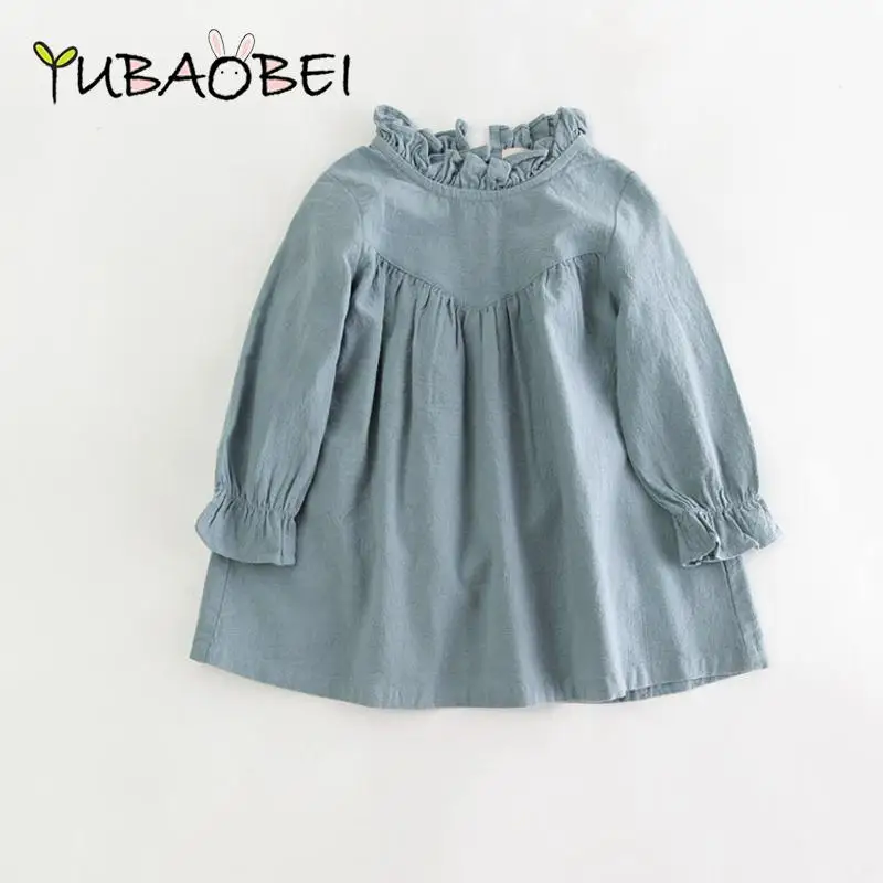 Autumn Long Sleeve Cotton Linen Children Sweet Pink Green Color Baby Children Kids Girls Dress Cute Clothes girls dress