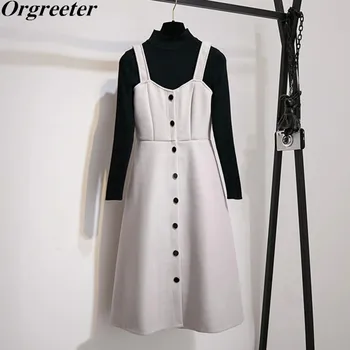 

Autumn New Women Casual Single-breasted Woolen Strapless Dress Two piece set Female Brief Solid Knitted Tops 2 Piece Outfits