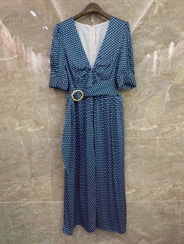 

2020 Spring and Summer New Women's V-neck Cingulate Waist Decoration Polka Dot Print Short-Sleeve Satin Dress 513