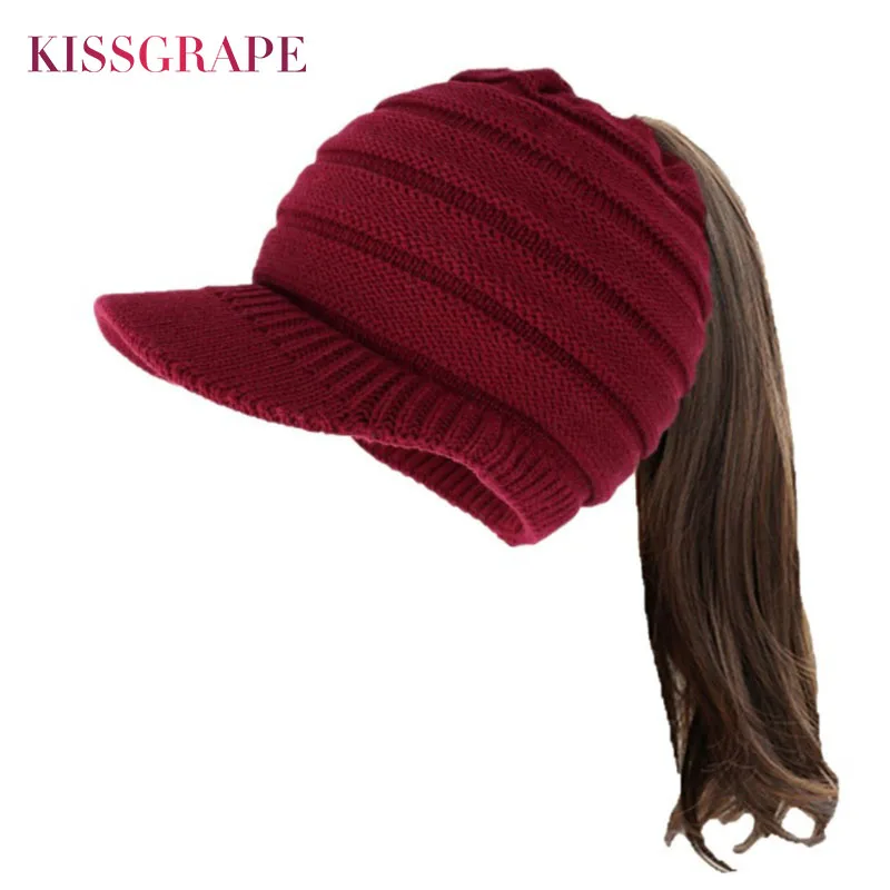 

Winter Warm Knitted Baseball Caps Hats for Women Autumn Ponytail Hat Knit Snapback Hat Ear Warm Caps Female Outdoor Fashion Hat