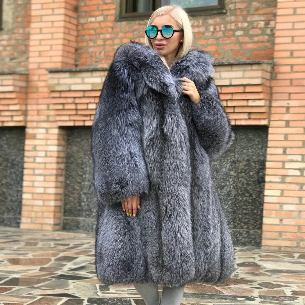 Long Real Silver Fox Fur Coat for Women Winter Fashion Whole Skin Genuine Silver Fox Fur Coats with Big Hood Thick Warm Overcoat