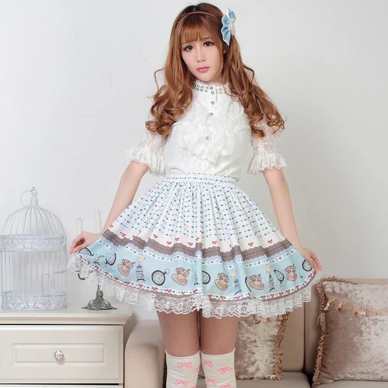 Принцесса Сладкая Лолита Юбки японский синий день чай Лори Лолита сладкий принцесса кружева половина длины юбка GZWY133