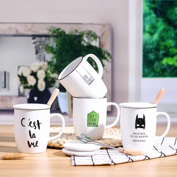 

Nordic Ceramic Coffee Cup with Lid Spoon Resistant High Temperature 370ml Large Capacity Household Milk Juice Cups Drinking Mugs