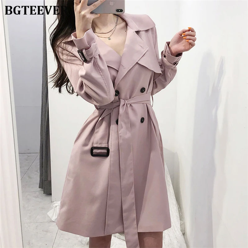 Весенне-осенний Женский Тренч средней длины трапециевидной формы с поясом цвета