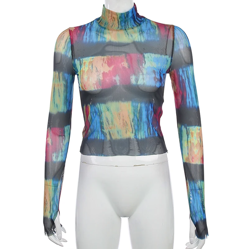 Сексуальная Лоскутная Прозрачная футболка женская уличная Водолазка с длинным