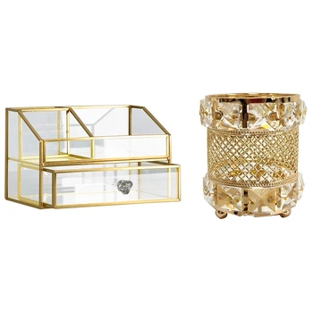 

1 Pcs Makeup Organizer Beauty Tools Storage Brush Pen Holder & 1 Pcs Dressing Table Glass Jewelry Box Storage Box