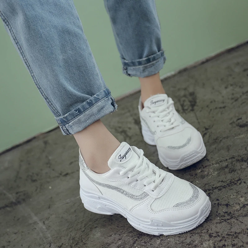 

Spring new fashion women casual shoes mixed color mesh lace up non-slip increase daily large size female vulcanized shoes U27-42