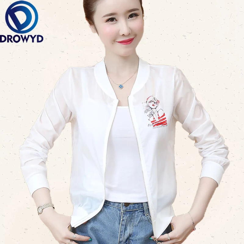 

Summer Women Thin V-neck Hooded Beach Short Coat White Transparent Casual Long Sleeve Jacket Fashion Streetwear Print Jacket Hot