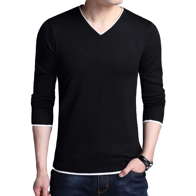 Осенний мужской свитер с v-образным вырезом и длинными рукавами, повседневный вязаный свитер, модный тонкий джемпер